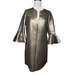 BCBGMAXAZRIA Judy Gold Metallic Shift Dress Fluted Sleeves XS